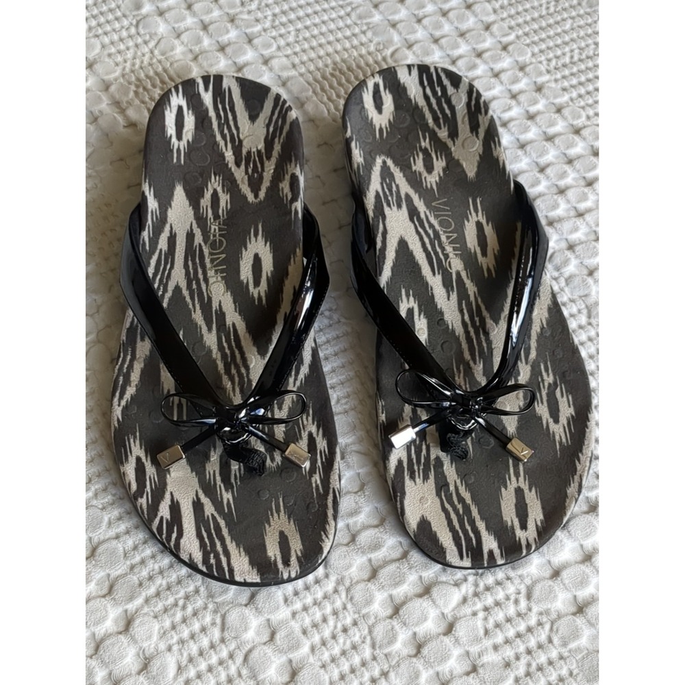 Vionic Bella II Bow Patent Leather Orthotic  Flip Flop Sandals Black Sz 10 White
